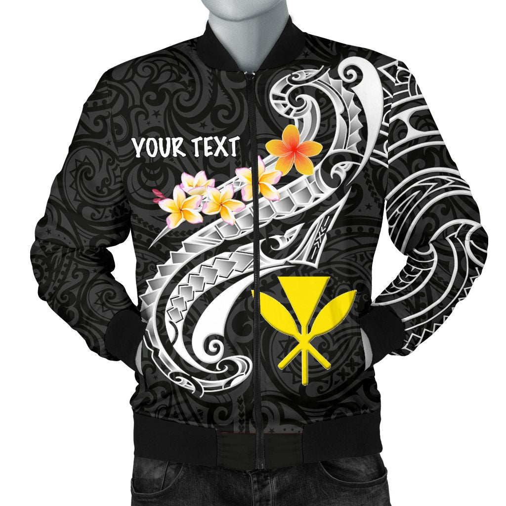 Hawaii Custom Personalised Men's Bomber Jacket - Kanaka Maoli Polynesian Patterns Plumeria (Black) Black - Polynesian Pride