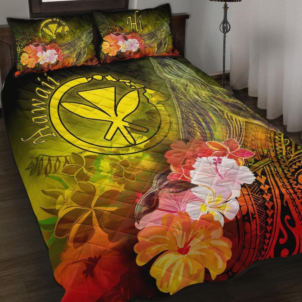 Polynesian Hawaii Quilt Bed Set - Kanaka Maoli Humpback Whale with Tropical Flowers (Yellow) Yellow - Polynesian Pride