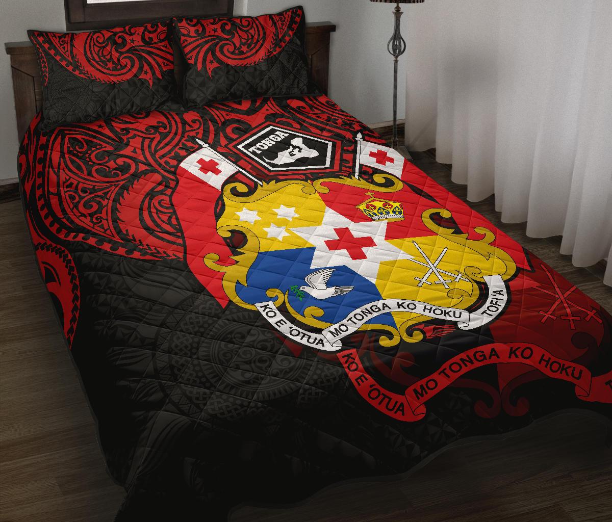 Tonga Polynesian Quilt Bed Set - Tongan Coat Of Arms Polynesian Tattoo RED - Polynesian Pride