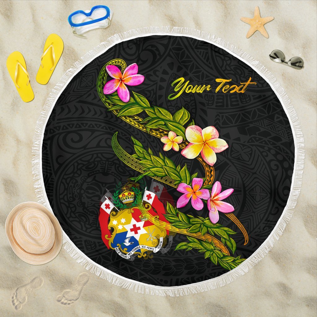 Tonga Custom Personalised Beach Blanket - Plumeria Tribal ONE STYLE ONE SIZE BLACK - Polynesian Pride