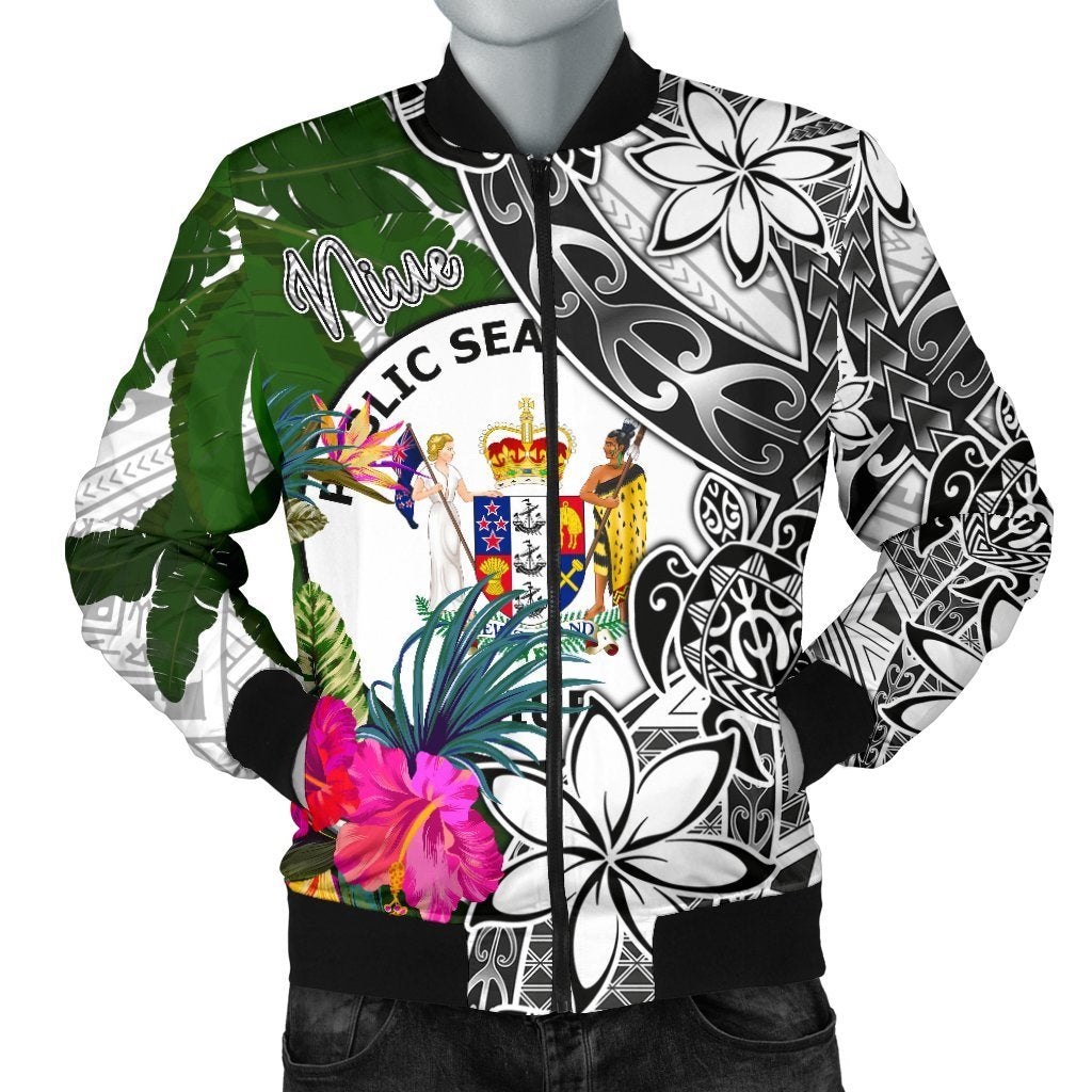 Niue Men's Bomber Jacket White - Turtle Plumeria Banana Leaf White - Polynesian Pride