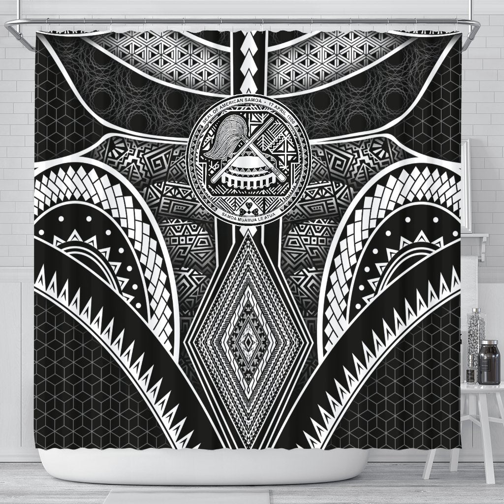 Polynesian Shower Curtains - American Samoa Coat Of Arm With Poly Patterns 177 x 172 (cm) Black - Polynesian Pride