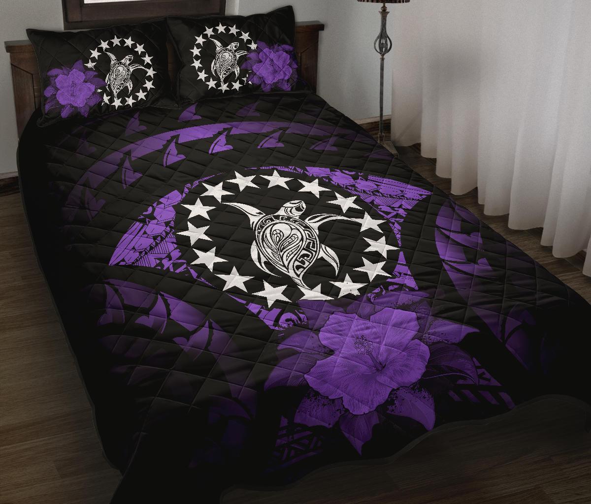 Cook Islands Polynesian Quilt Bed Set Hibiscus Purple Black - Polynesian Pride