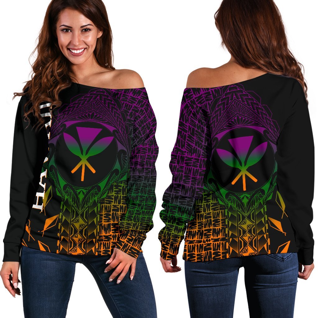 Hawaii Women's Off Shoulder Sweater - Kanaka Maoli Rocket Style Black - Polynesian Pride