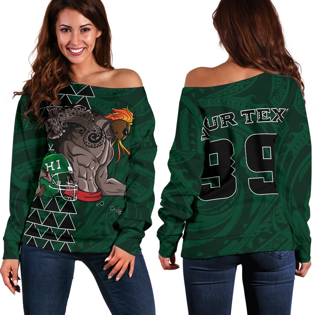 Kakau Hawaii Warrior Football Women's Off Shoulder Sweater AH Green - Polynesian Pride