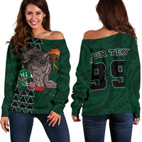Kakau Hawaii Warrior Football Women's Off Shoulder Sweater AH Green - Polynesian Pride