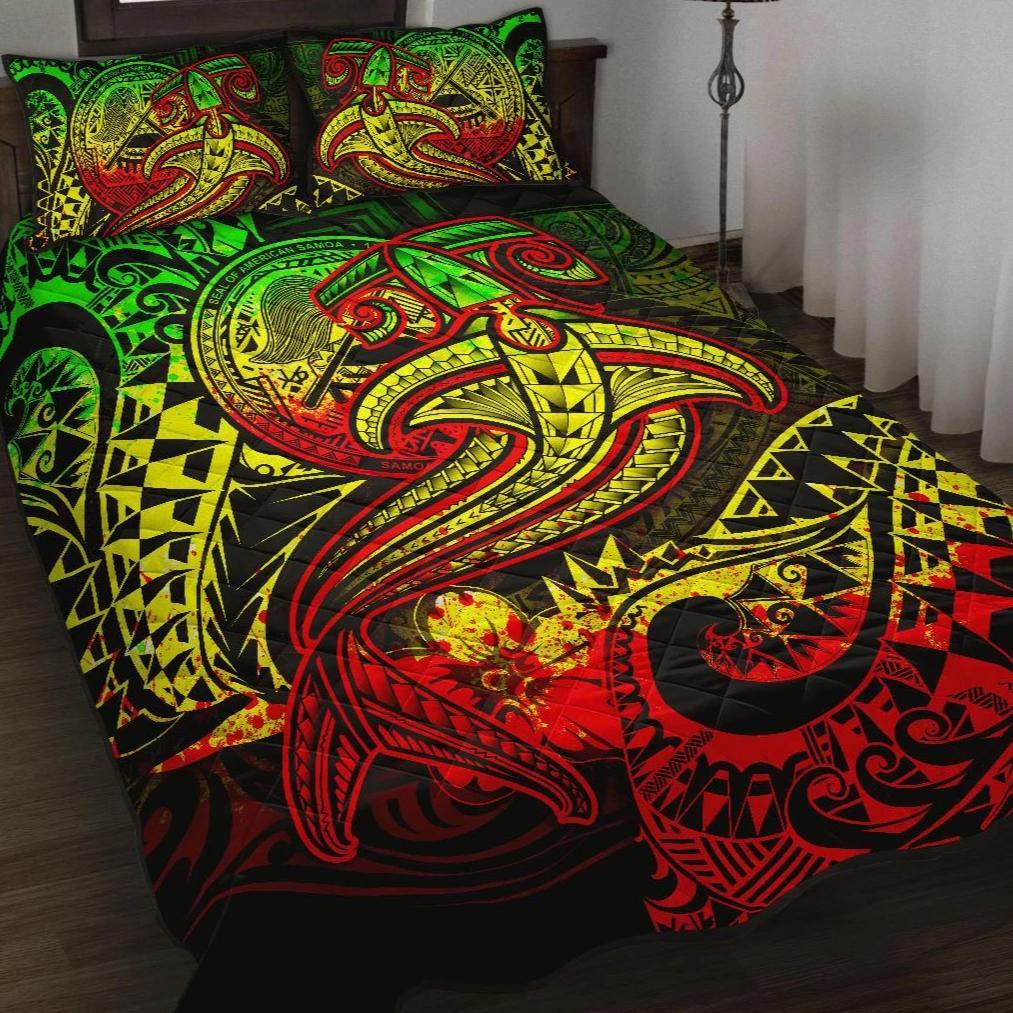 American Samoa Quilt Bed Set - Reggae Shark Polynesian Tattoo Art - Polynesian Pride