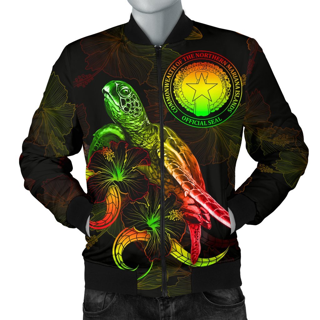 CNMI Polynesian Men's Bomber Jacket - Turtle With Blooming Hibiscus Reggae Reggae - Polynesian Pride