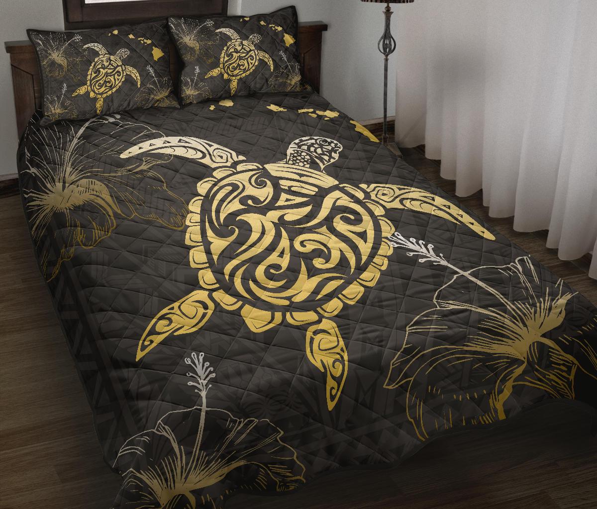 Hawaii Polynesian Turtle Hibiscus - Quilt Bed Set AH Black - Polynesian Pride