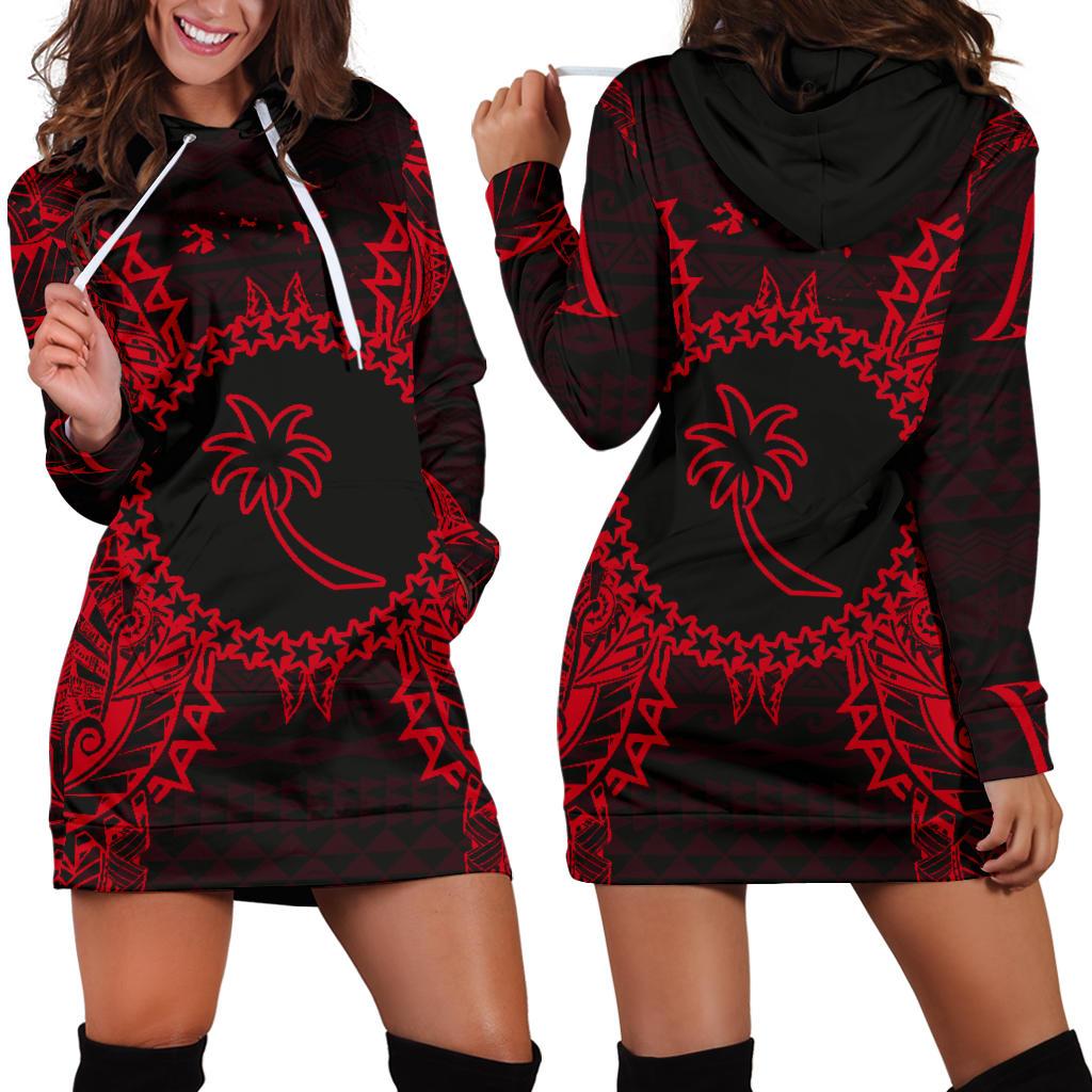 Chuuk Polynesian Hoodie Dress Map Red Red - Polynesian Pride