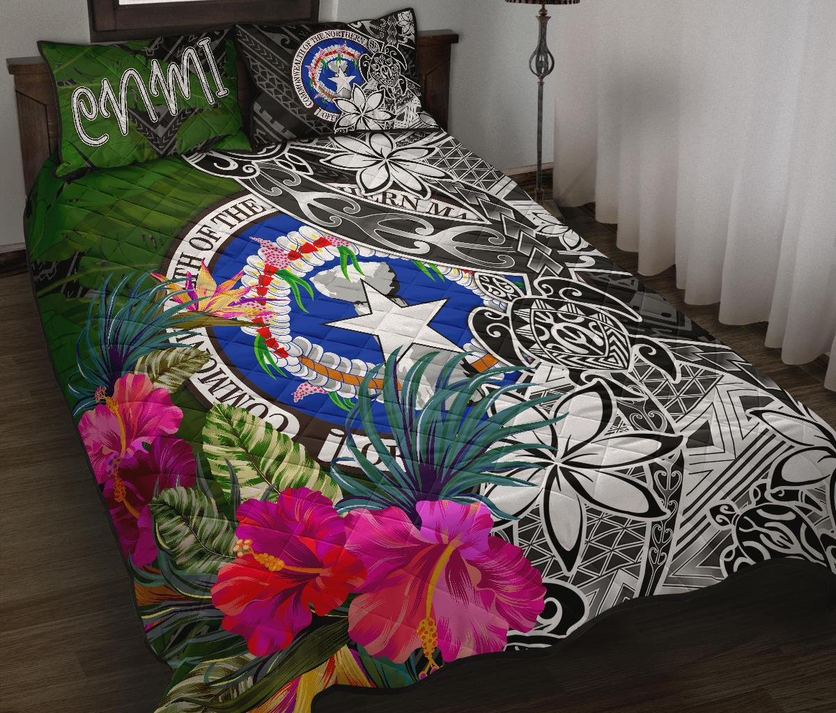 Northern Mariana Islands Quilt Bed Set - Turtle Plumeria Banana Leaf Black - Polynesian Pride