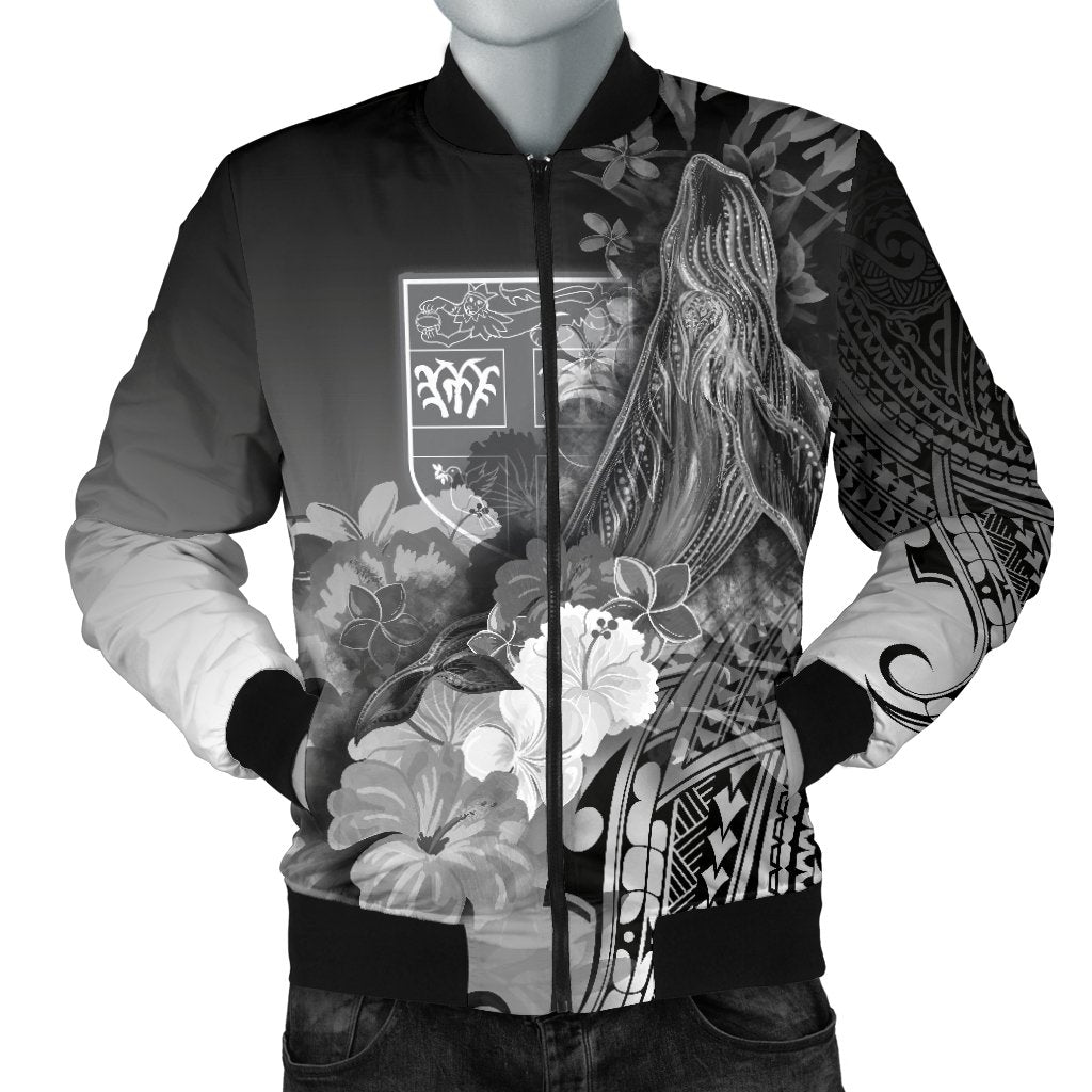 Fiji Men's Bomber Jacket - Humpback Whale with Tropical Flowers (White) White - Polynesian Pride