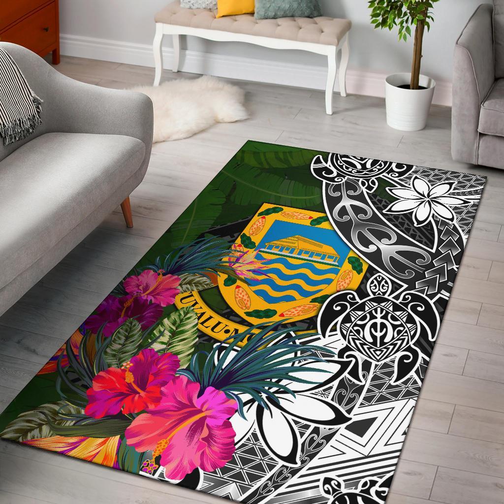 Tuvalu Area Rug - Turtle Plumeria Banana Leaf Black - Polynesian Pride