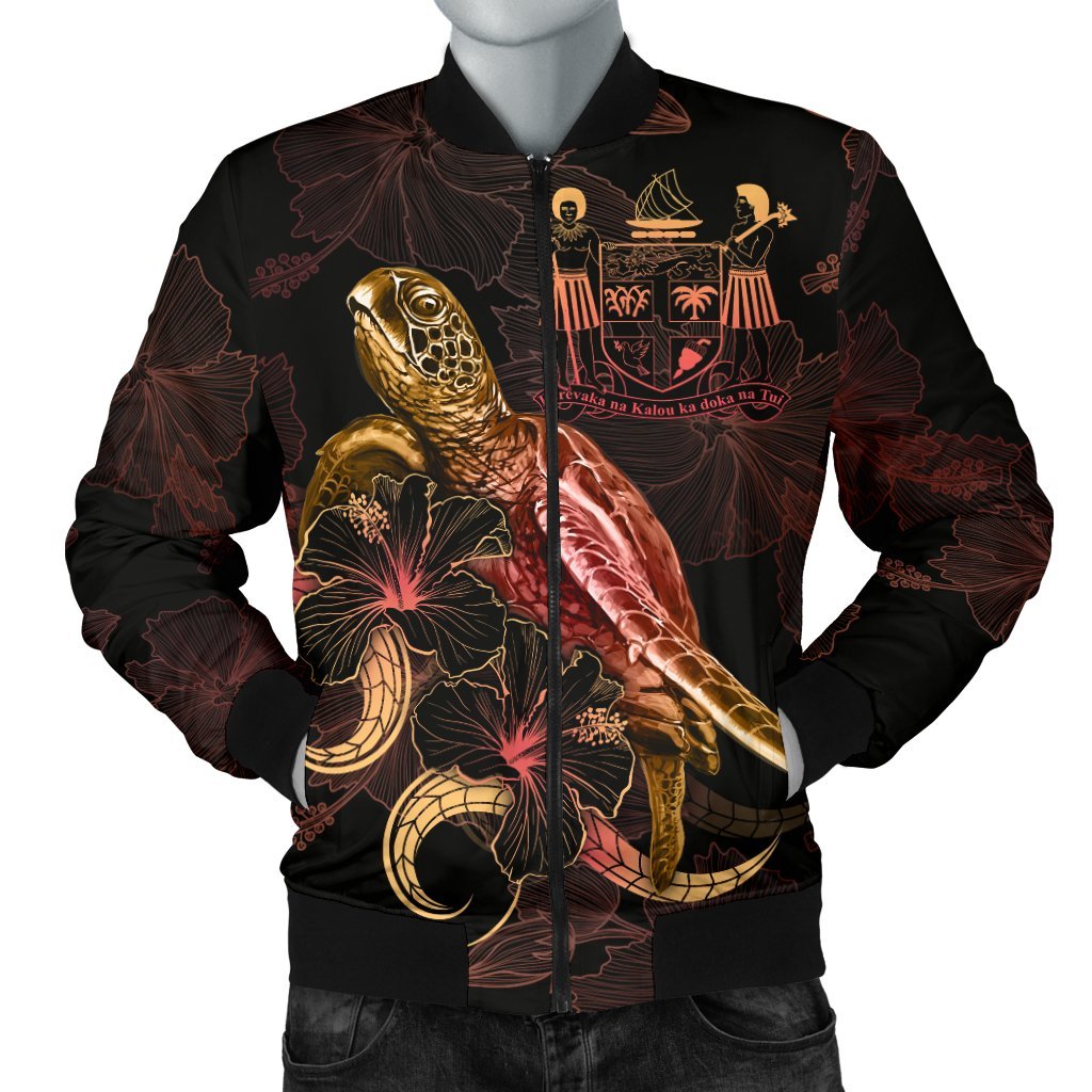 FiJi Polynesian Men's Bomber Jacket - Turtle With Blooming Hibiscus Gold Gold - Polynesian Pride