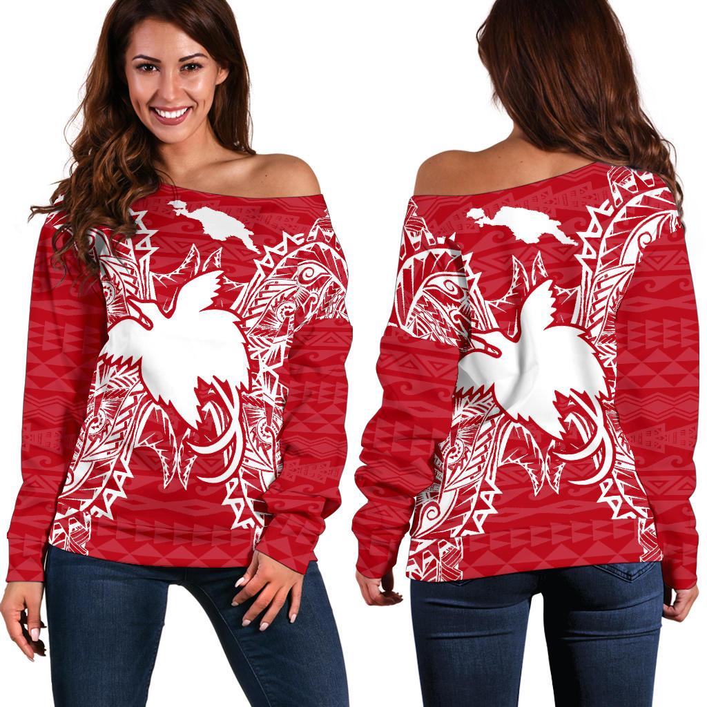 Papua New Guinea Polynesian Shoulder Sweater Map Red White Red - Polynesian Pride
