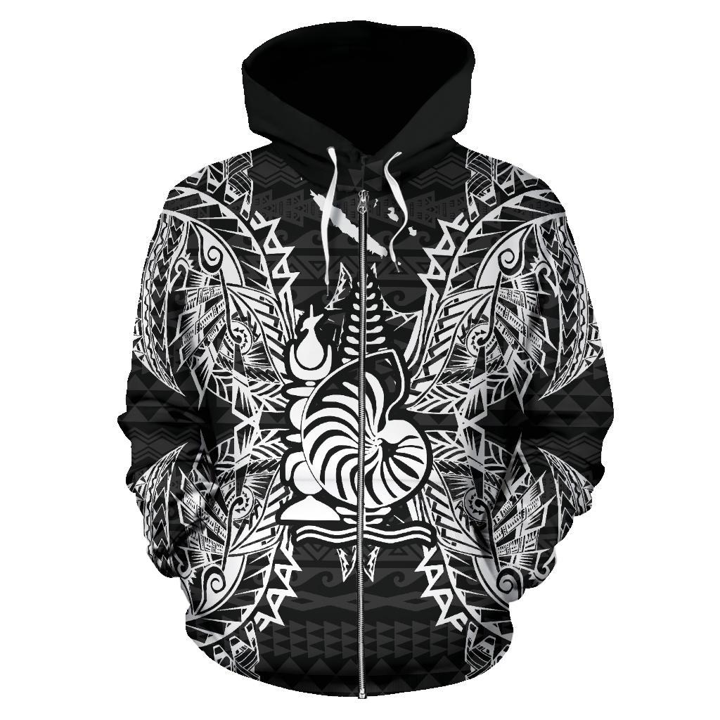 New Caledonia Polynesian All Over Zip up Hoodie Map Black - Polynesian Pride