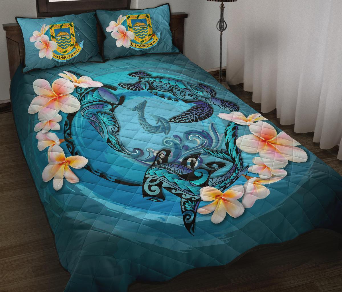 Tuvalu Polynesian Quilt Bed Set - Blue Plumeria Animal Tattoo Blue - Polynesian Pride