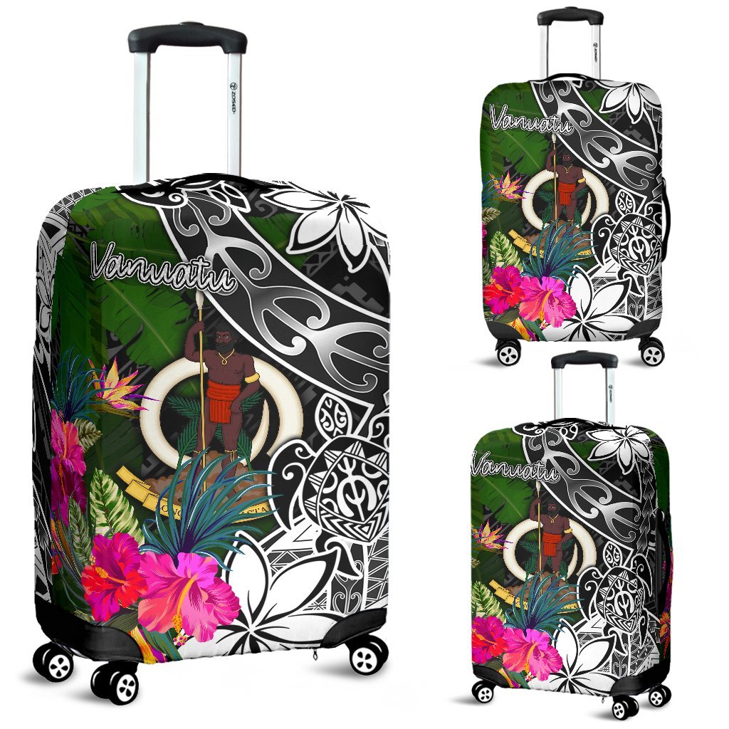 Vanuatu Luggage Covers - Turtle Plumeria Banana Leaf Black - Polynesian Pride