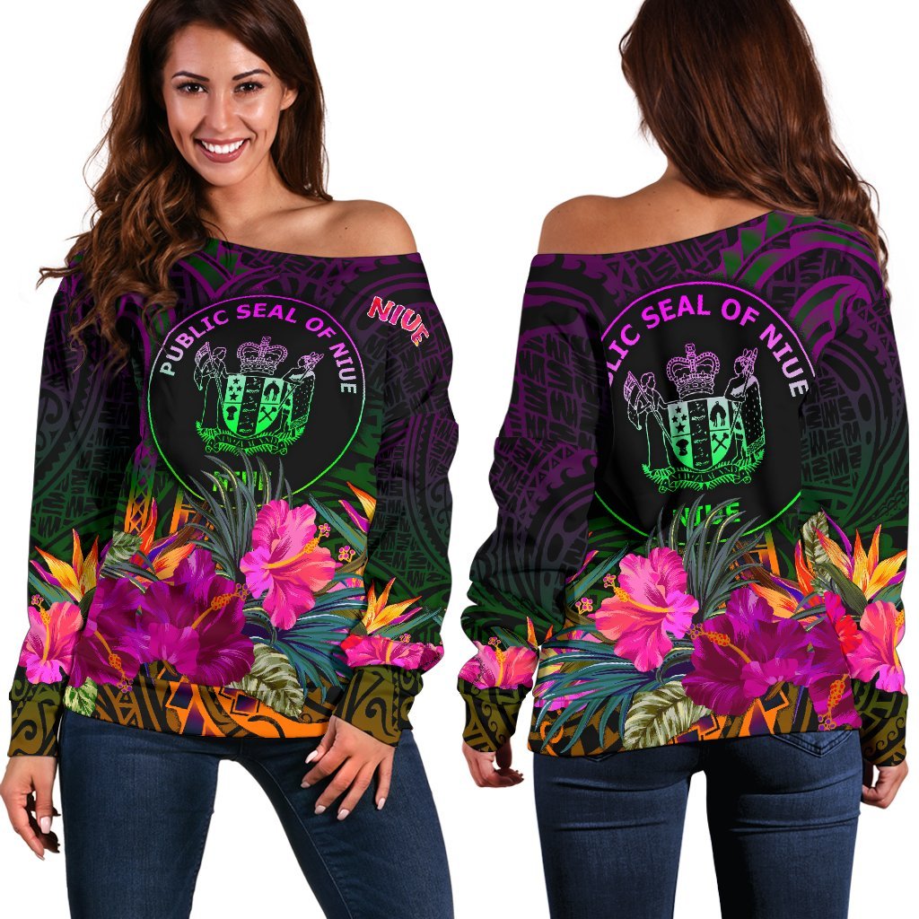 Niue Polynesian Women's Off Shoulder Sweater - Summer Hibiscus Art - Polynesian Pride