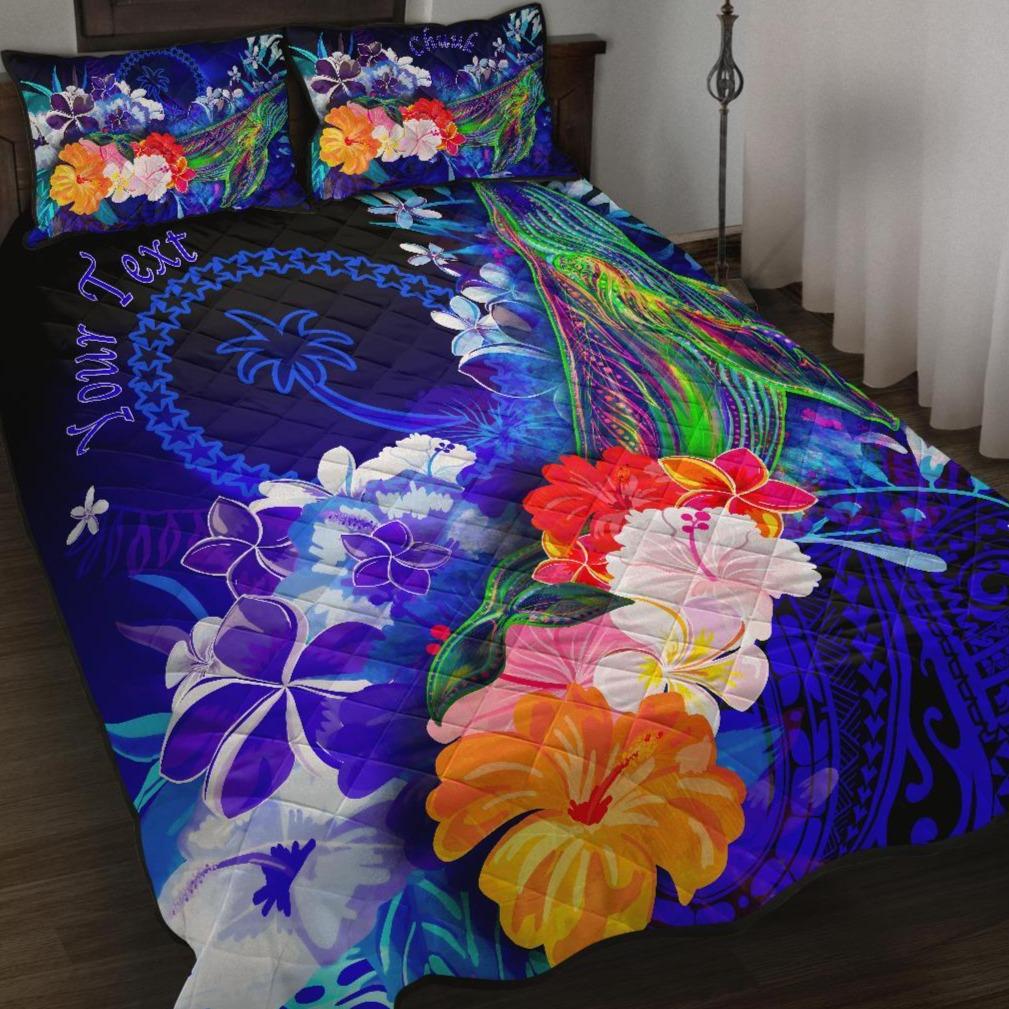 Custom Personalised Chuuk Quilt Bed Set - Humpback Whale with Tropical Flowers (Blue) Blue - Polynesian Pride