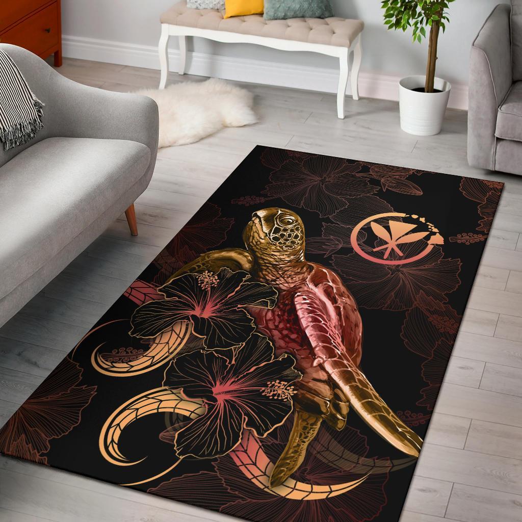 Hawaii Polynesian Area Rugs - Turtle With Blooming Hibiscus Gold Gold - Polynesian Pride