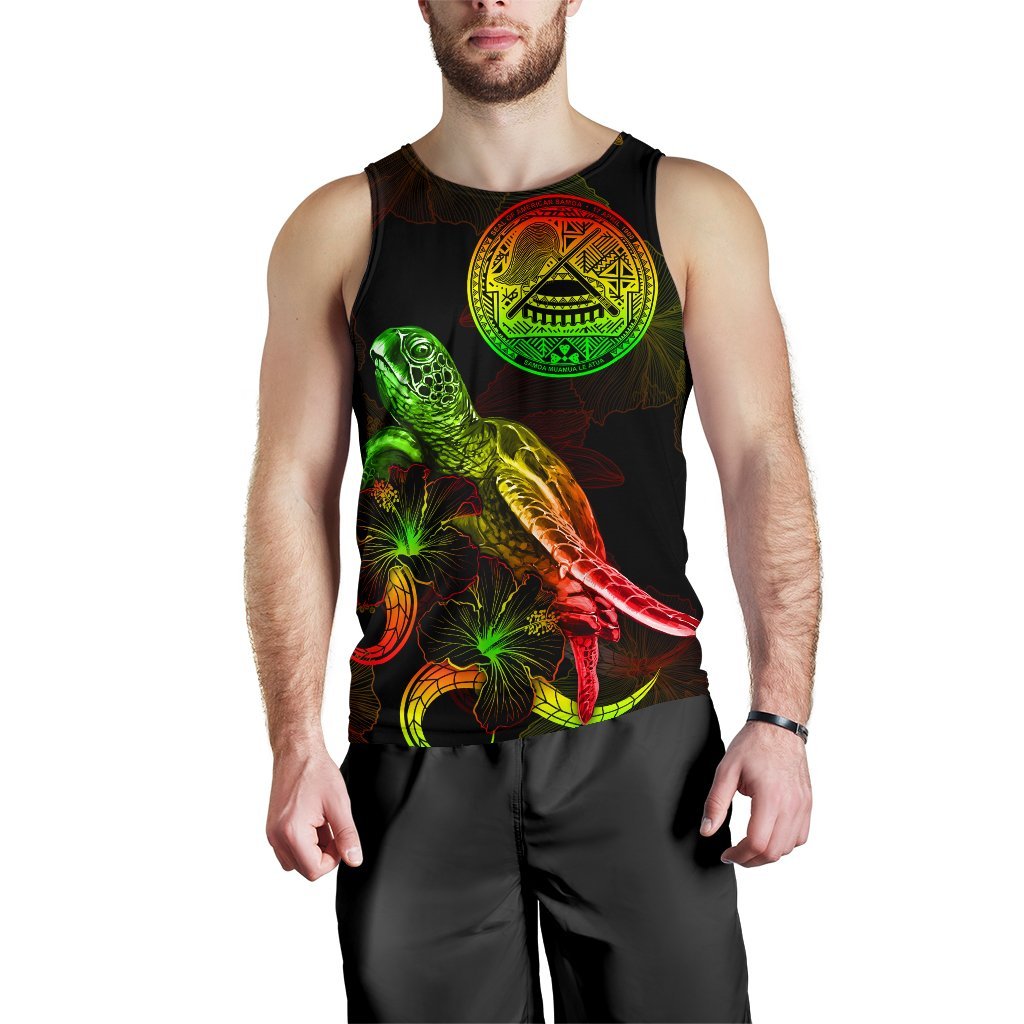 American Samoa Polynesian Men Tank Top - Turtle With Blooming Hibiscus Reggae - Polynesian Pride