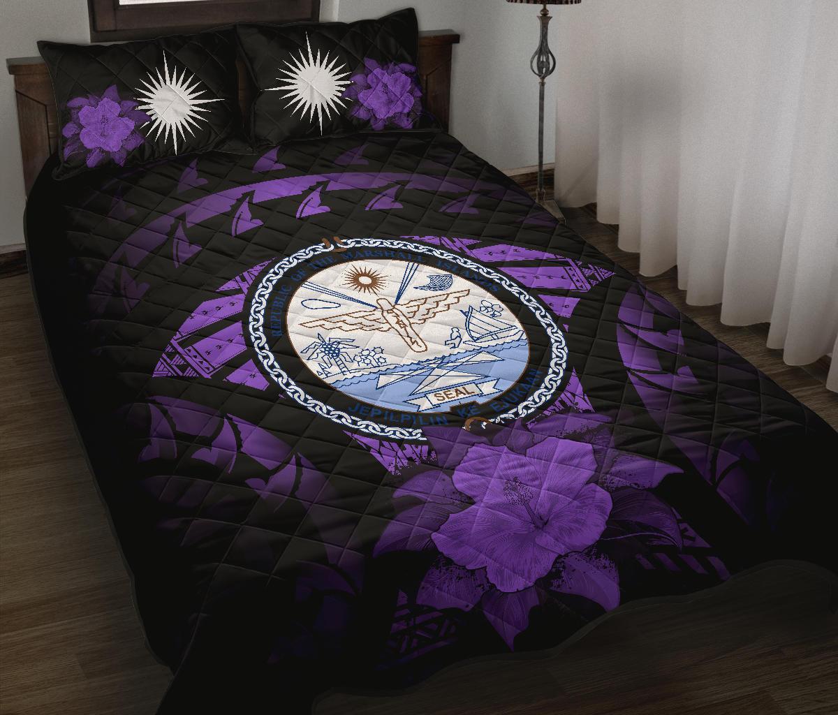 Marshall Islands Polynesian Quilt Bed Set Hibiscus Purple Black - Polynesian Pride