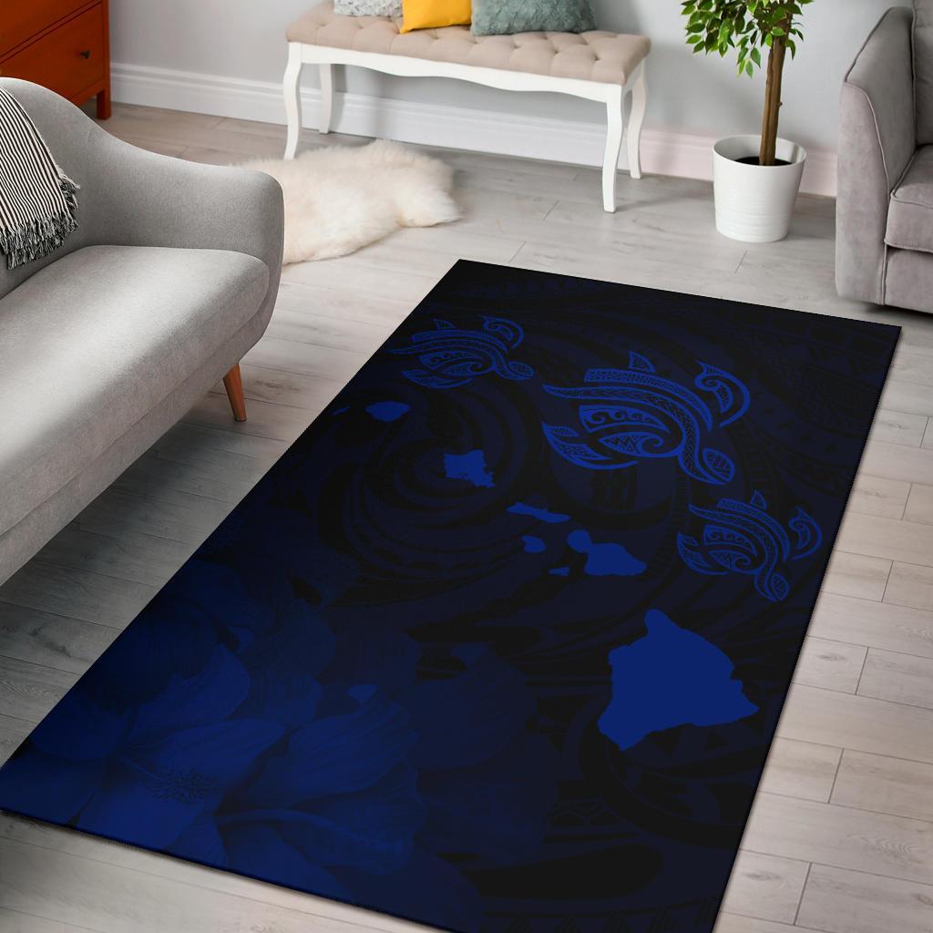 Hawaii Turtle Hibiscus Map Polynesian Area Rug AH Rug Blue - Polynesian Pride