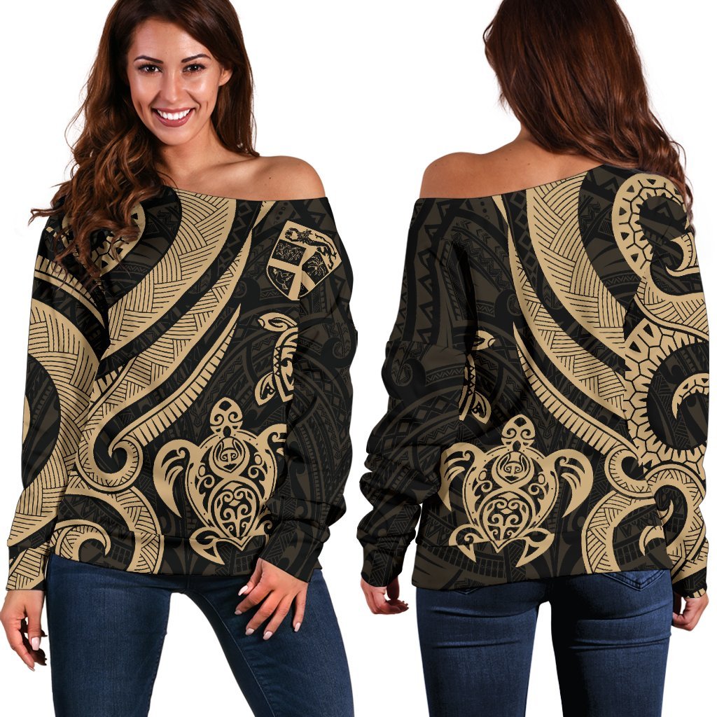 Fiji Polynesian Women Of Shoulder Sweater - Gold Tentacle Turtle Gold - Polynesian Pride