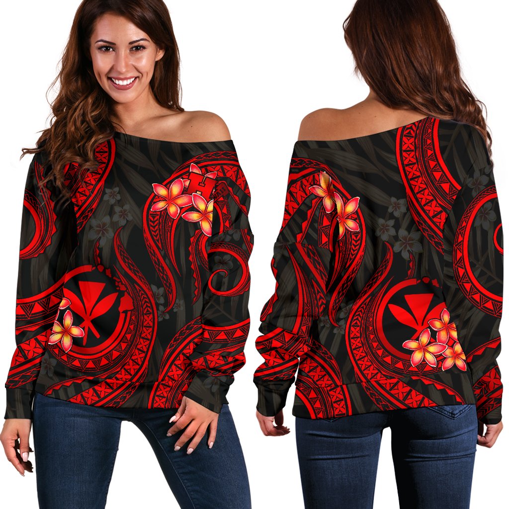 Polynesian Hawaii Off Shoulder Sweater - Red Plumeria RED - Polynesian Pride