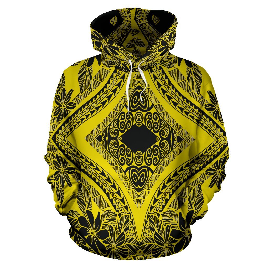 Hawaii Hoodie Polynesian Plumeria Mix Yellow Black Pullover Unisex Art - Polynesian Pride