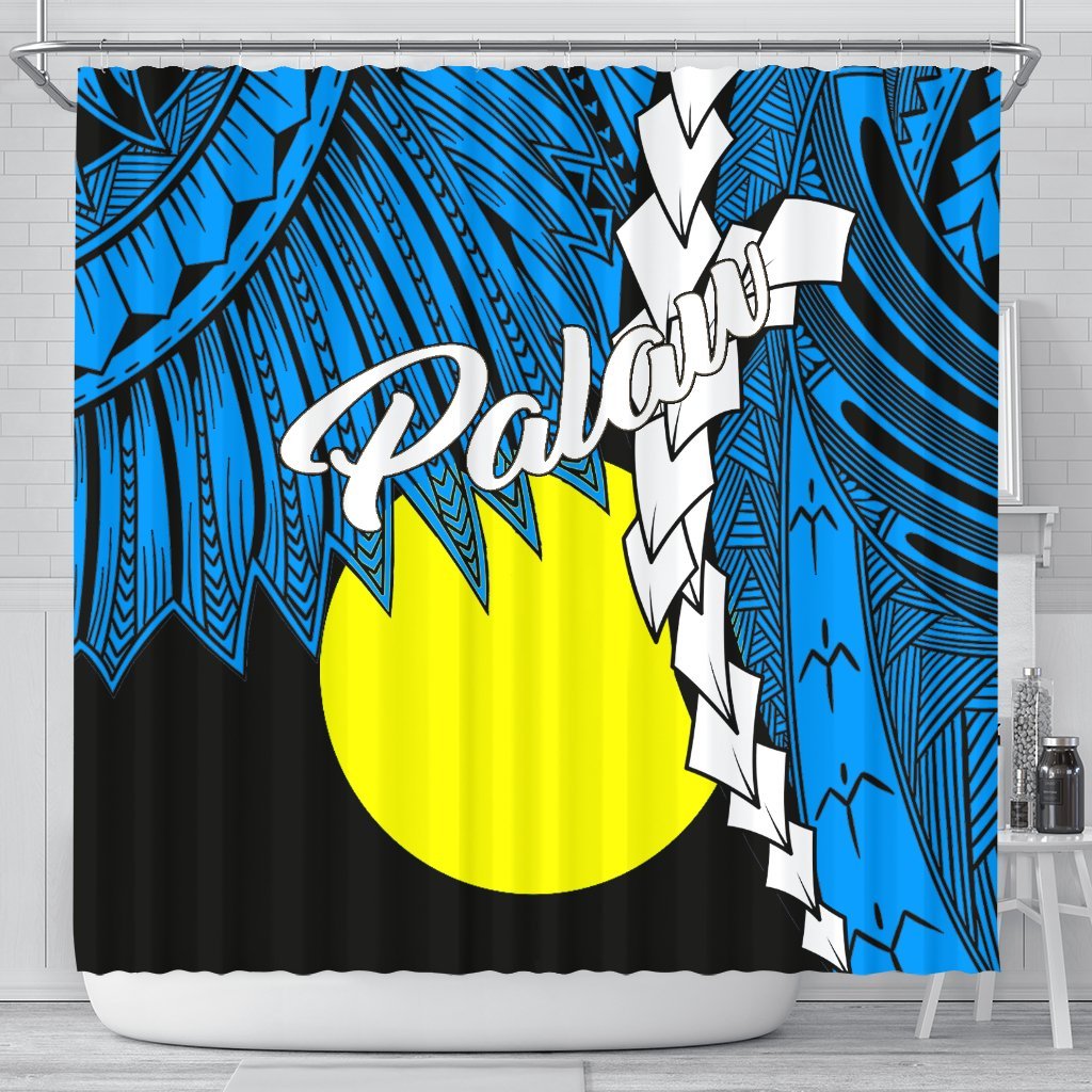 Palau Polynesian Shower Curtain - Tribal Wave Tattoo Flag Style 177 x 172 (cm) Blue - Polynesian Pride