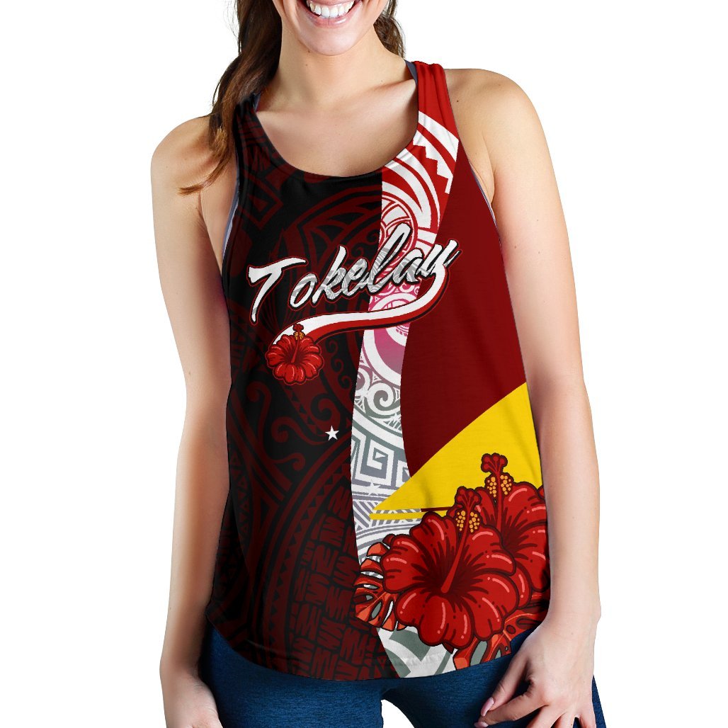 Tokelau Polynesian Women's Racerback Tank - Coat Of Arm With Hibiscus - Polynesian Pride