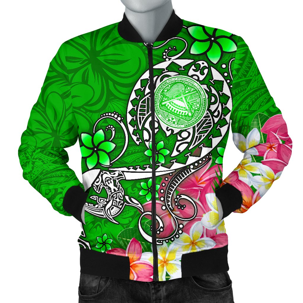 American Samoa Polynesian Men's Bomber Jacket - Turtle Plumeria (Green) Green - Polynesian Pride