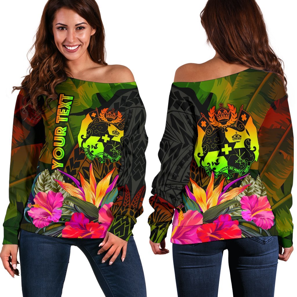 Tonga Polynesian Personalised Women's Off Shoulder Sweater - Hibiscus and Banana Leaves Art - Polynesian Pride