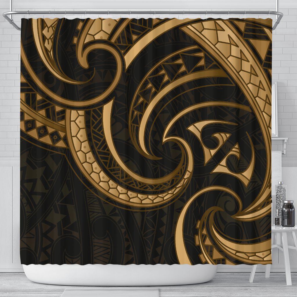 New Zealand Maori Mangopare Shower Curtain Polynesian - Gold 177 x 172 (cm) Gold - Polynesian Pride