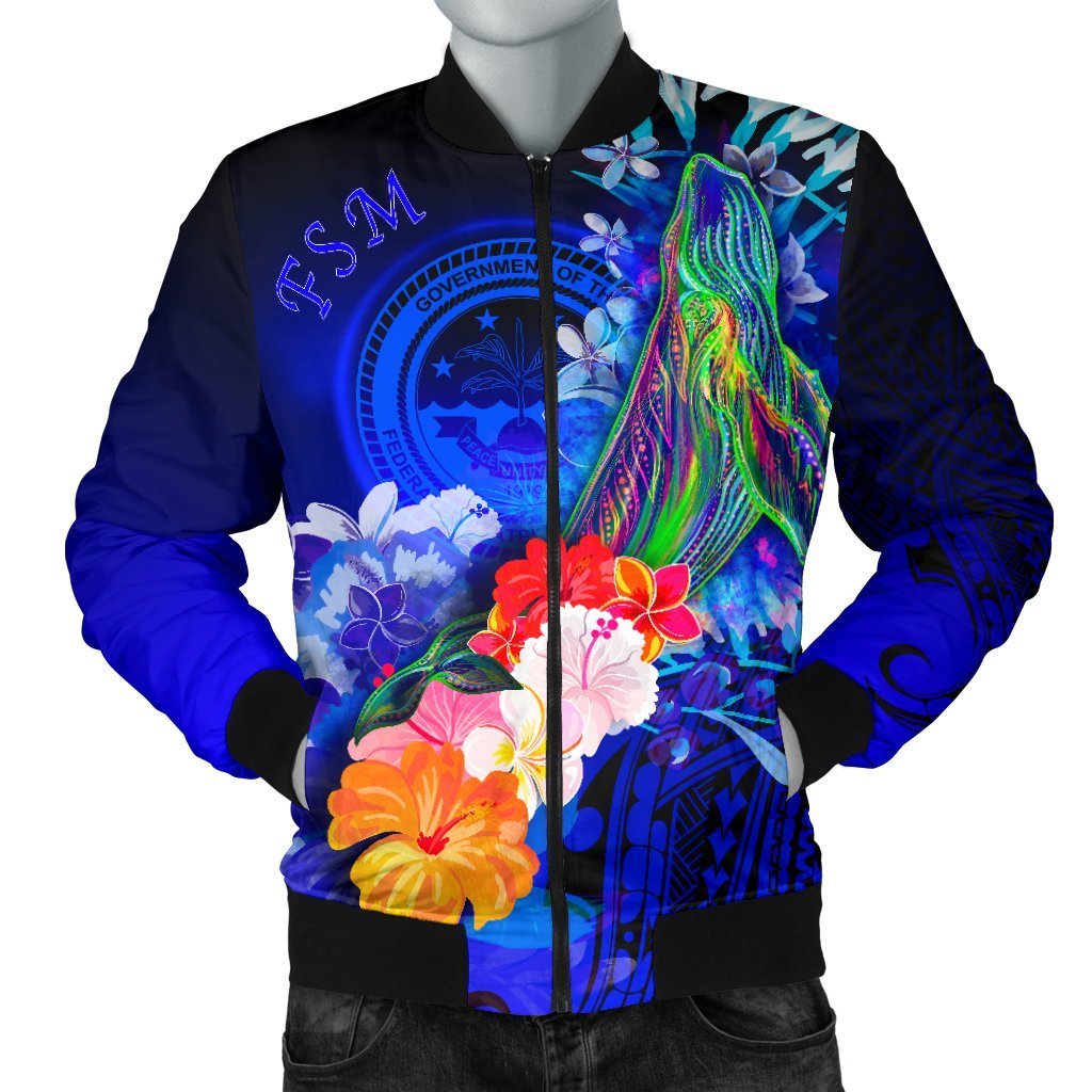 Federated States of Micronesia Men's Bomber Jacket - Humpback Whale with Tropical Flowers (Blue) Blue - Polynesian Pride