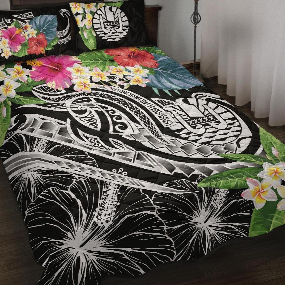 Tahiti Polynesian Quilt Bed Set - Summer Plumeria (Black) Black - Polynesian Pride