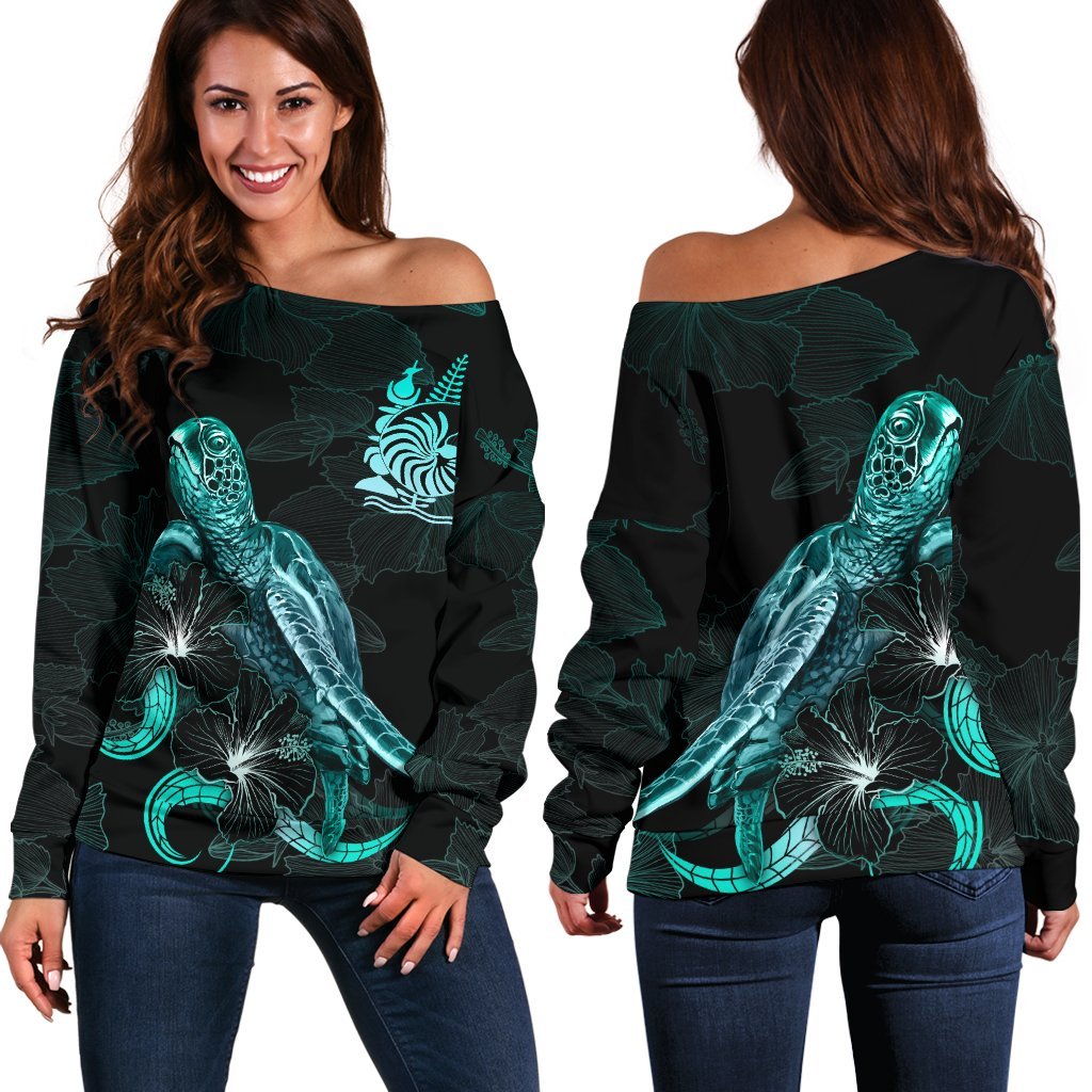 New Caledonia Polynesian Women's Off Shoulder Sweater - Turtle With Blooming Hibiscus Turquoise Turquoise - Polynesian Pride