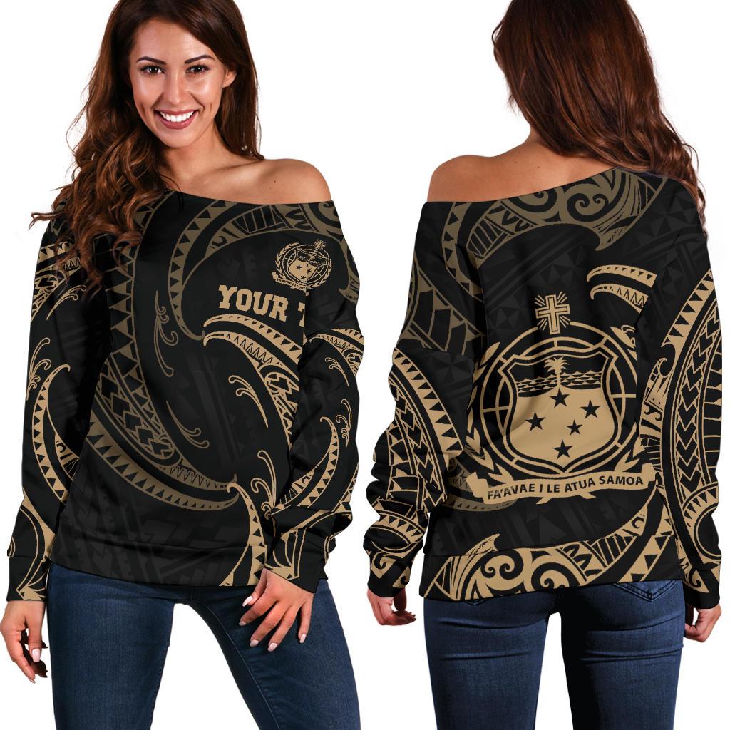 Samoa Polynesian Custom Personalised Women's Off Shoulder Sweater - Gold Tribal Wave Black - Polynesian Pride