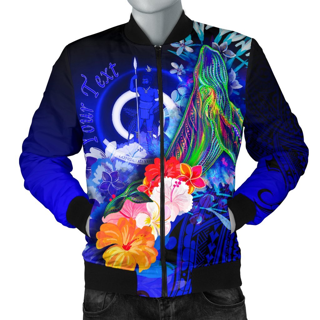 Vanuatu Custom Personalised Men's Bomber Jacket - Humpback Whale with Tropical Flowers (Blue) Blue - Polynesian Pride