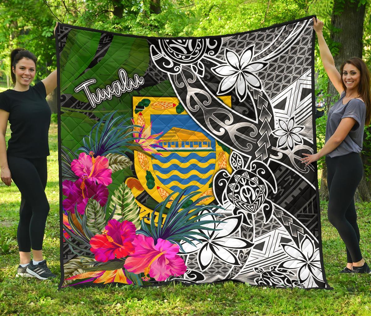 Tuvalu Premium Quilt - Turtle Plumeria Banana Leaf Black - Polynesian Pride