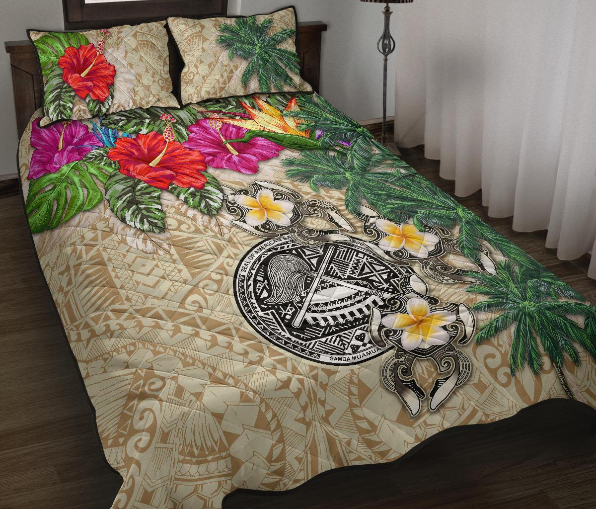 American Samoa Polynesian Quilt Bed Set - Hibiscus Turtle Tattoo Beige Beige - Polynesian Pride