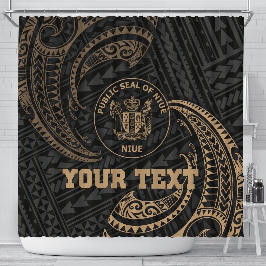 Niue Polynesian Custom Personalised Shower Curtain - Gold Tribal Wave 177 x 172 (cm) Black - Polynesian Pride