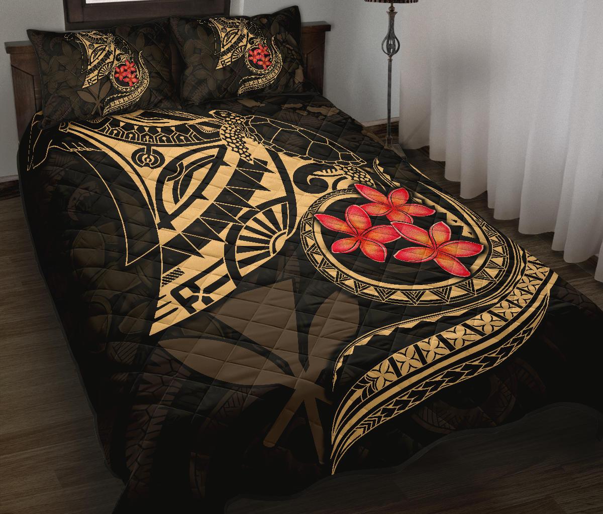 Hawaiian Polynesian Quilt Bed Set - Kanaka Maoli & Gold Manta Ray Turtle Tentacle Gold - Polynesian Pride