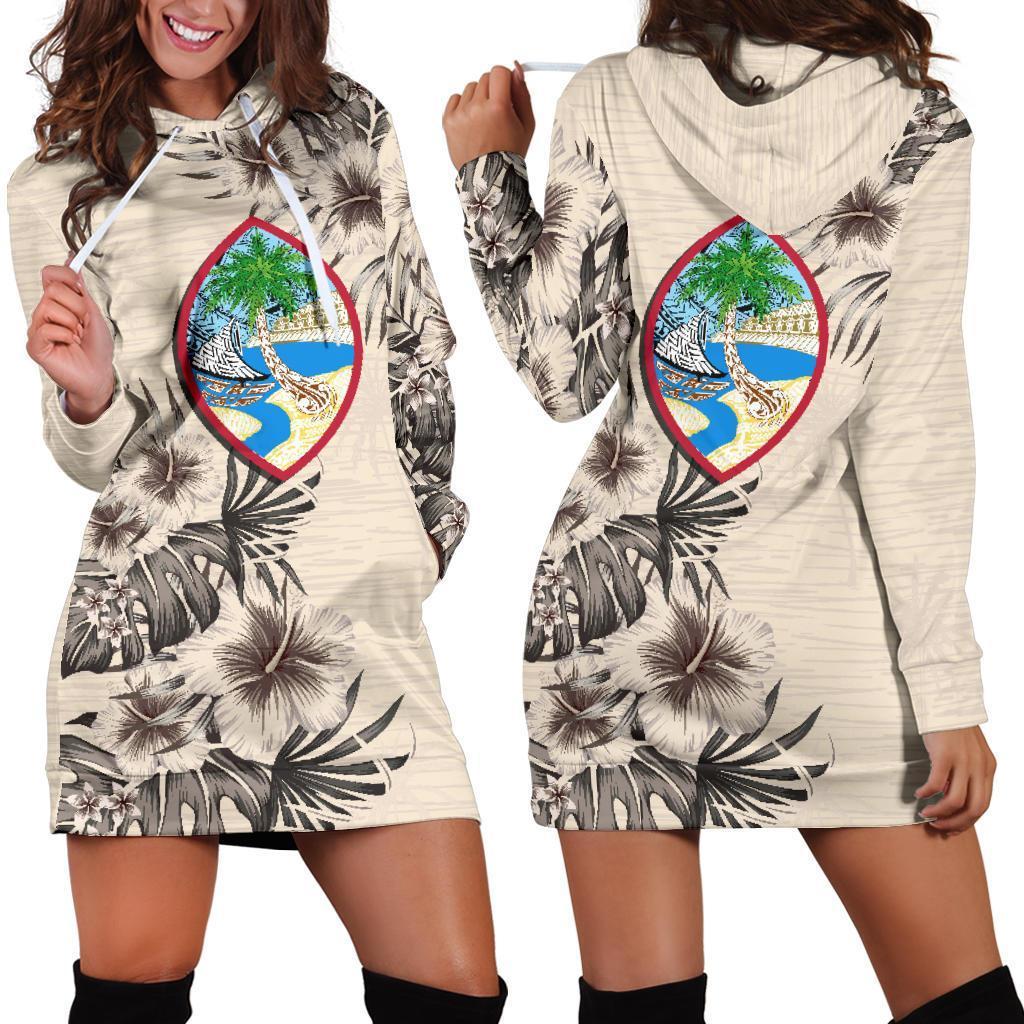 Guam Hoodie Dress - Guam Coat Of Arms & Beige Hibiscus White - Polynesian Pride