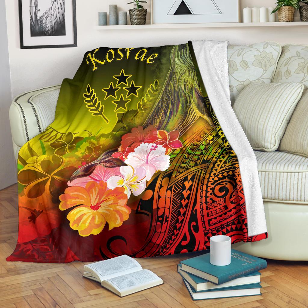 Kosrae Premium Blanket - Humpback Whale with Tropical Flowers (Yellow) White - Polynesian Pride