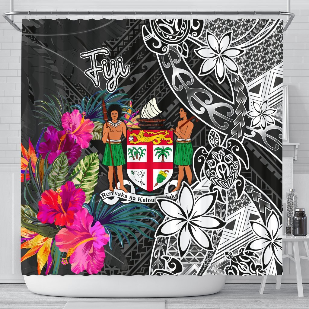 Fiji Shower Curtain - Coat of Arm Turtle Floral 177 x 172 (cm) BLACK - Polynesian Pride