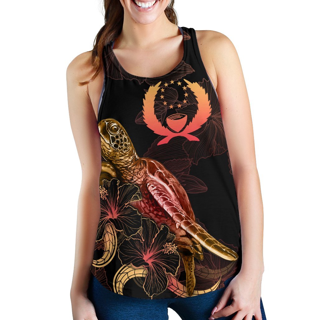 Pohnpei Polynesian Women Tank Top - Turtle With Blooming Hibiscus Gold - Polynesian Pride