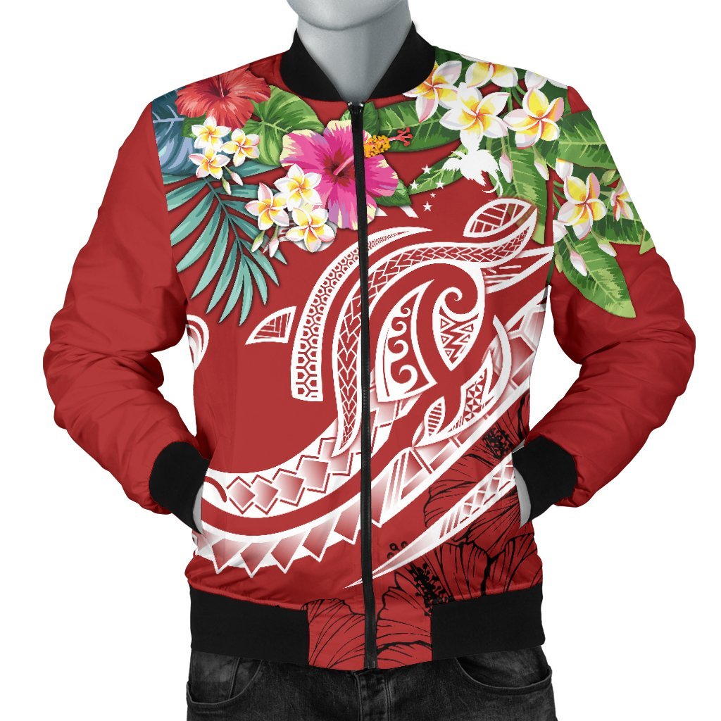 Papua New Guinea Polynesian Men's Bomber Jacket - Summer Plumeria (Red) Red - Polynesian Pride